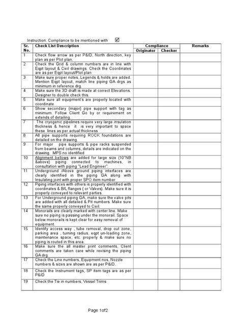 piping ga checklist